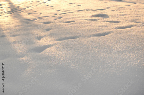 White fresh snow with sunlight on the snow texture detail background with place for message. Footprints in the snow 