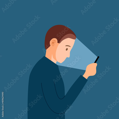 Man using smartphone in dark place in flat design. Male addict social media. Blue light from smartphone reflecting eyes.