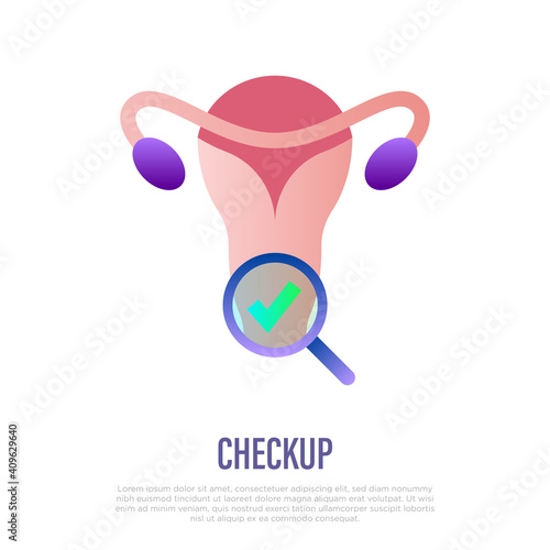 Gynecology check up. Medical exam. Uterine and ovaries under magnifier with tick. Flat gradient icon. Vector illustration.
