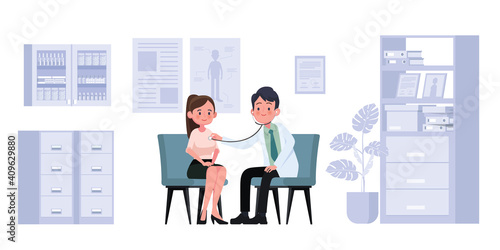 Practitioner doctor man and young woman patient in hospital medical office. Consultation and diagnosis