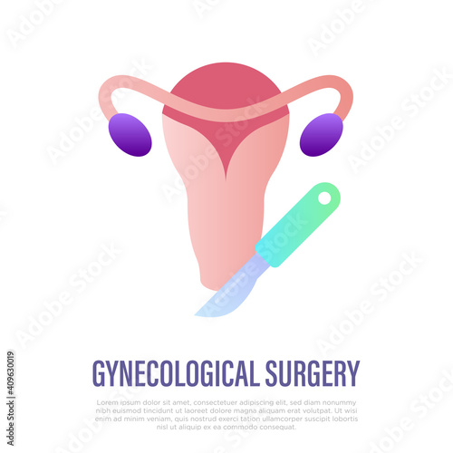 Gynecological surgery, problem with reproductive system. Thin line icon. Gynecology. Uterine, ovaries and scalpel. Vector illustration.