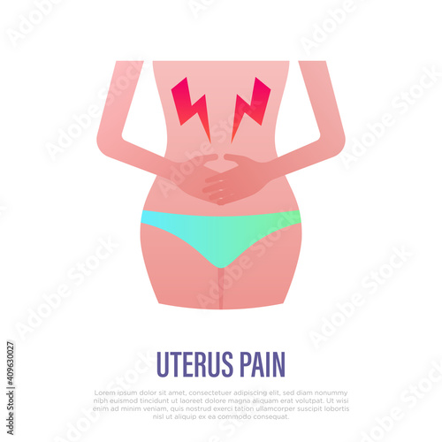 Uterus pain flat gradient icon. Woman touches her stomach. Menstruation pain. Vector illustration.