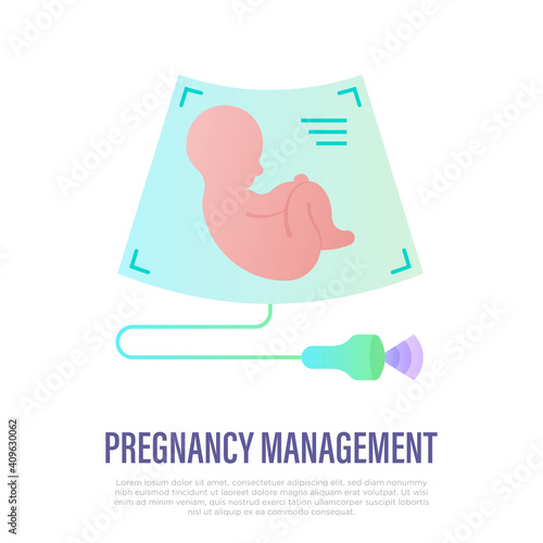 Pregnancy management thin line icon. Embryo on ultrasound. Gynecology, obstetrics. Vector illustration.