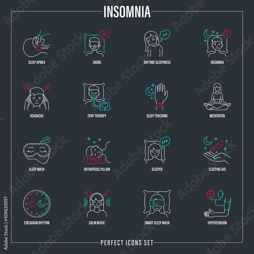 Insomnia set. Methods of prevention: sleep apnea, CPAP therapy, orthopedic pillow, sleep mask, pills, circadian rhythm, calm music, hypertension, smart sleep mask. Thin line icons. Vector illustration