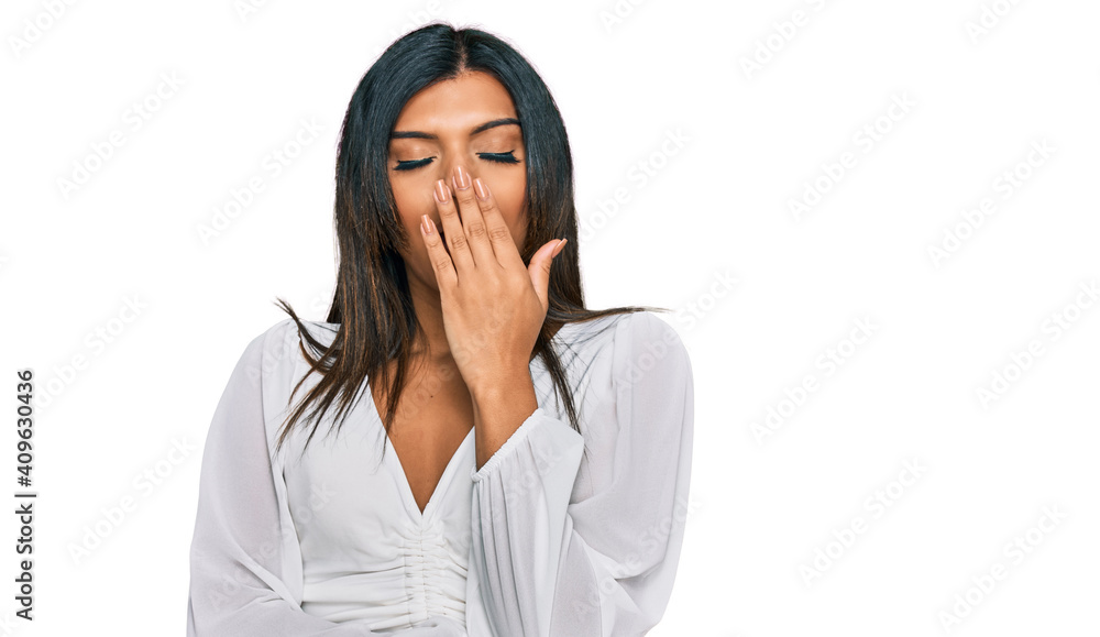Young latin transsexual transgender woman wearing casual clothes bored yawning tired covering mouth with hand. restless and sleepiness. Young latin transsexual transgender woman wearing casual clothes bored yawning tired covering mouth with hand. restless and sleepiness.
