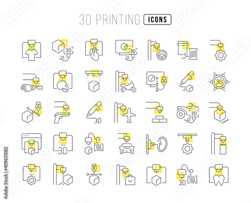 Set of linear icons of 3D Printing
