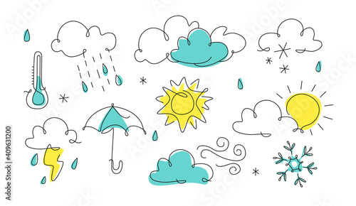 Weather icon in line art. One line style forecast illustration, continuous line. art outline. Cloud, Sun, thunder, rain, snowflake, wind.