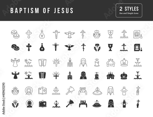 Set of simple icons of Baptism of Jesus