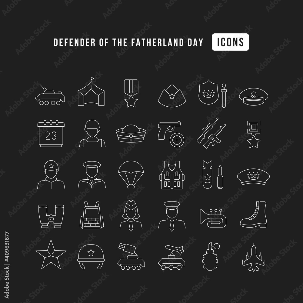 Set of linear icons of Defender of the Fatherland Day
