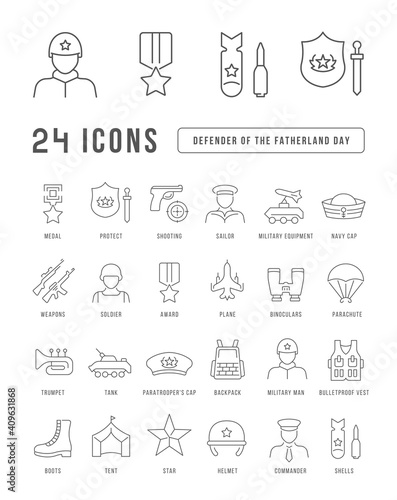 Set of linear icons of Defender of the Fatherland Day