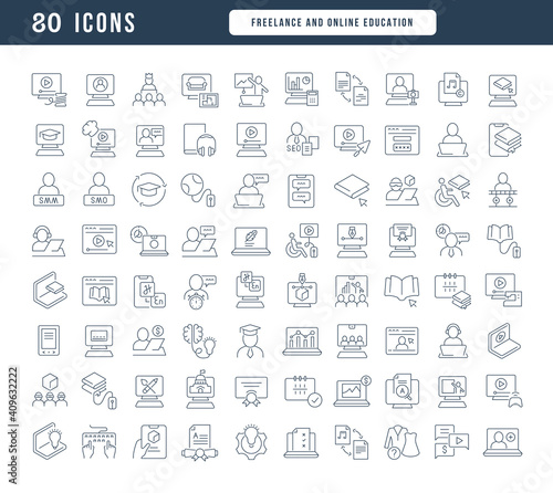 Set of linear icons of Freelance and Online Education