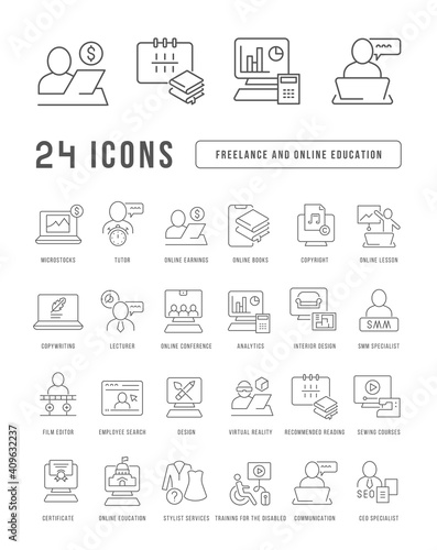 Set of linear icons of Freelance and Online Education
