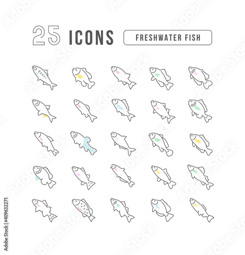 Set of linear icons of Freshwater Fish © M.Style