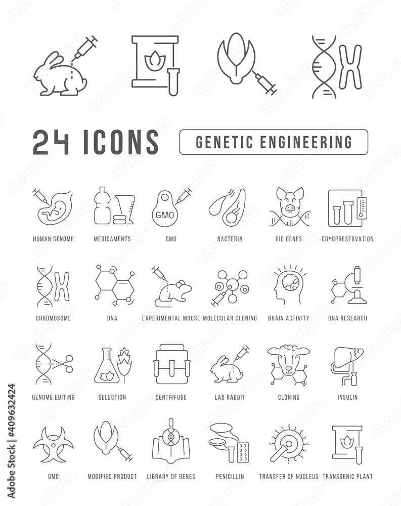 Set of linear icons of Genetic Engineering