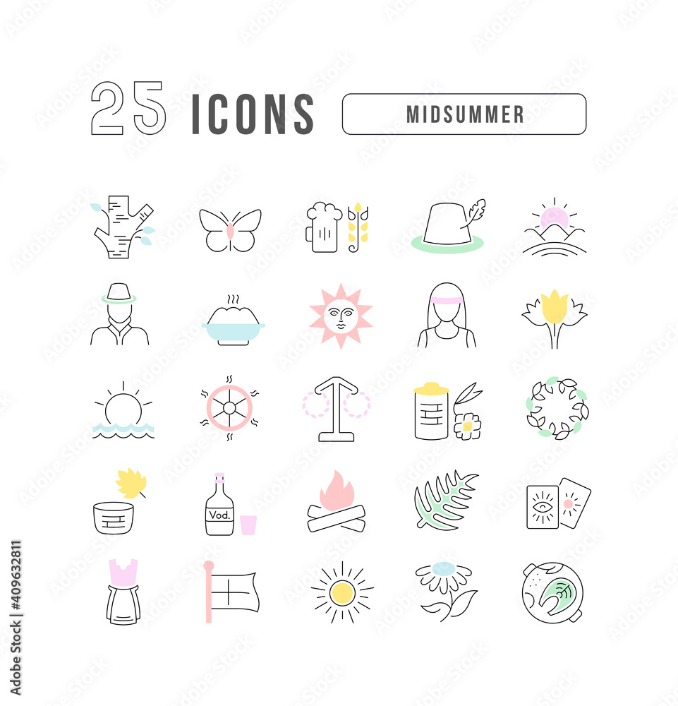 Set of linear icons of Midsummer Set of linear icons of Midsummer