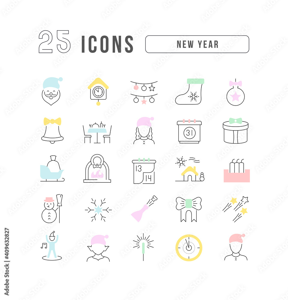 Set of linear icons of New Year