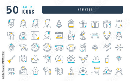 Set of linear icons of New Year