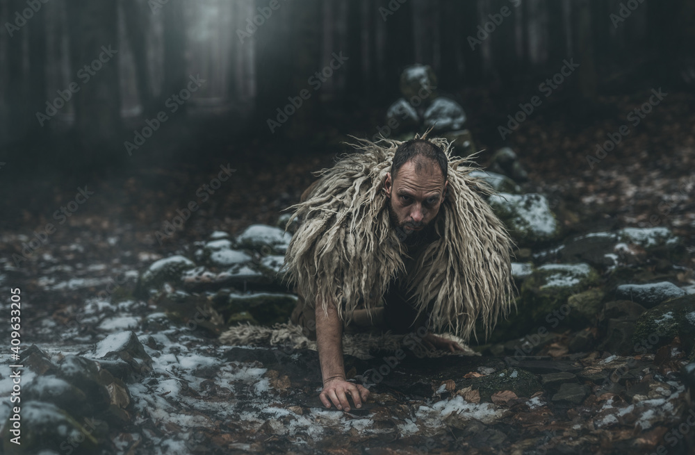 Shamanic man in the nature, winter landscape. Shamanic man in the nature, winter landscape.