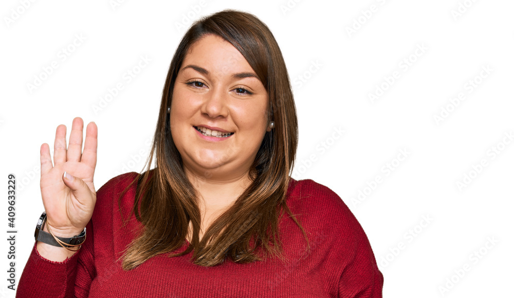 Beautiful brunette plus size woman wearing casual clothes showing and pointing up with fingers number four while smiling confident and happy. Beautiful brunette plus size woman wearing casual clothes showing and pointing up with fingers number four while smiling confident and happy.