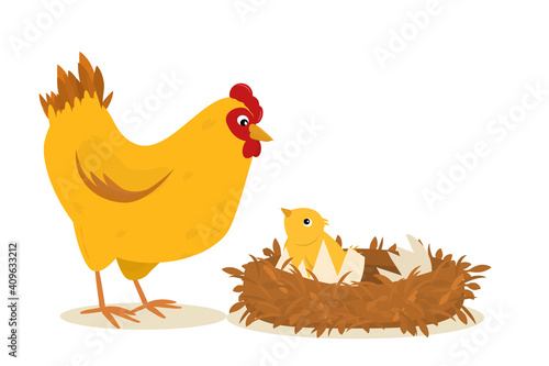 illustration of a chicken standing next to a nest of chickens