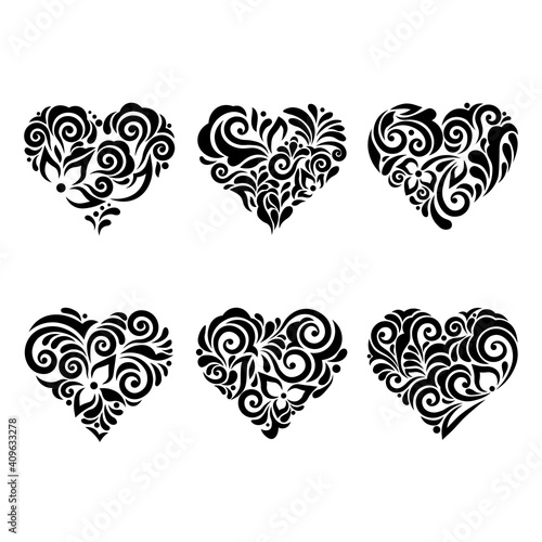 Set stencil hearts with patterns of leaves and flowers. Template for interior design, invitations, etc. Vector illustration. Sticker set. Pattern for the laser cut, serigraphy, plotter and screen