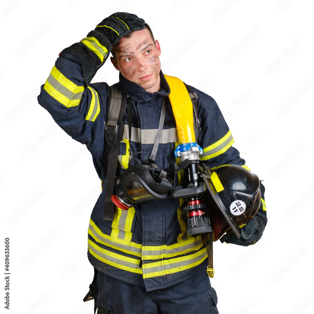 Young brave man in uniform of firefighter holds hardhat, fire hose, wipes sweat from his forehead and looking away isolated on white background Young brave man in uniform of firefighter holds hardhat, fire hose, wipes sweat from his forehead and looking away isolated on white background