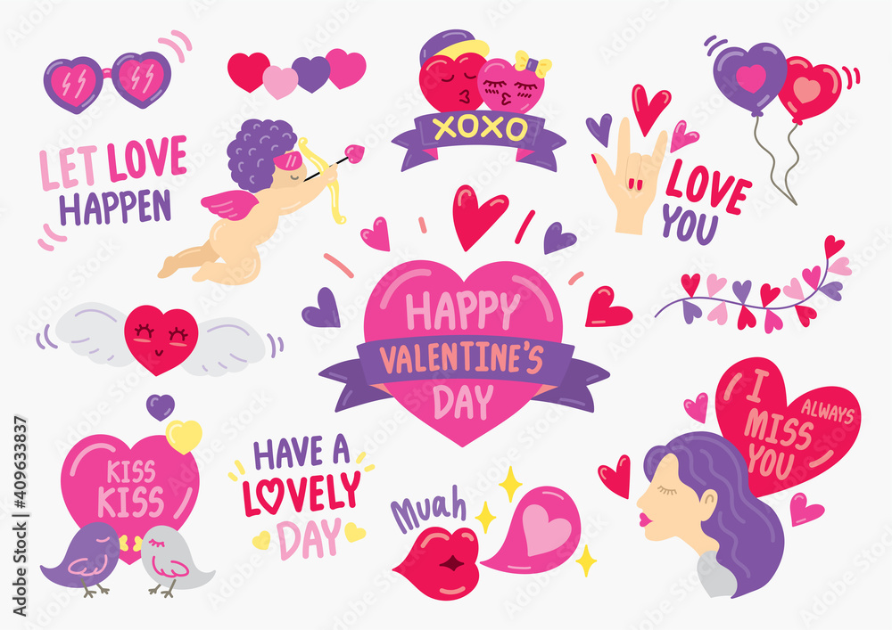 Valentine's day hand drawn stickers vector set with wish messages. Valentine's day hand drawn stickers vector set with wish messages.