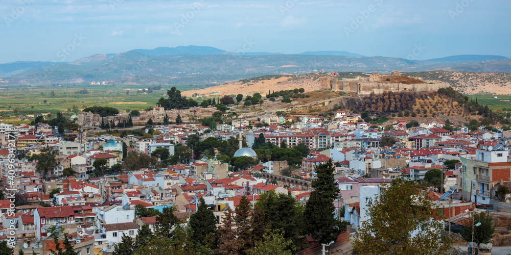 Panoramic View of Ayasuluk Hill, Selcuk Castle & Ephesus across the town of Selcuk