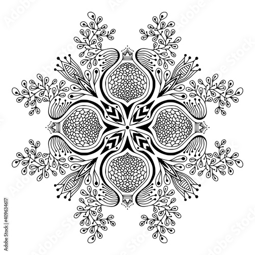 Mandala art with pomegranates and floral design. Unique hand drawn print.