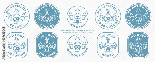 Concept stamps for product packaging - no artificial colors. The flask is an eye with wings and a line of an ingredient flowing out - a symbol of liberation from synthetic components. Vector