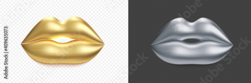 Gold lips. 3D Vector golden kiss and silver lips isolated on transparent background