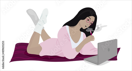 Vaping girl. Trendy smoking device, electronic cigarette. Addiction concept. Unhealthy habits with death consequences.