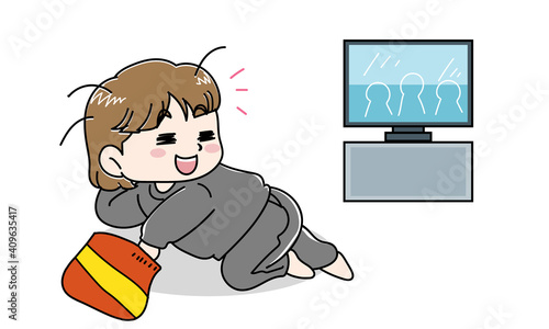 ダラダラとテレビを見ている女性のイラスト