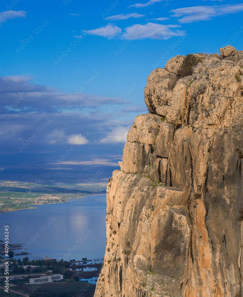 View of the Sea of Galilee from high cliff of Mount Arbel National Park and Nature Reserve; Lower Galilee, Israel