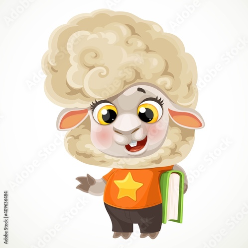Cute cartoon fluffy lamb with a book under his arm isoalted on white background