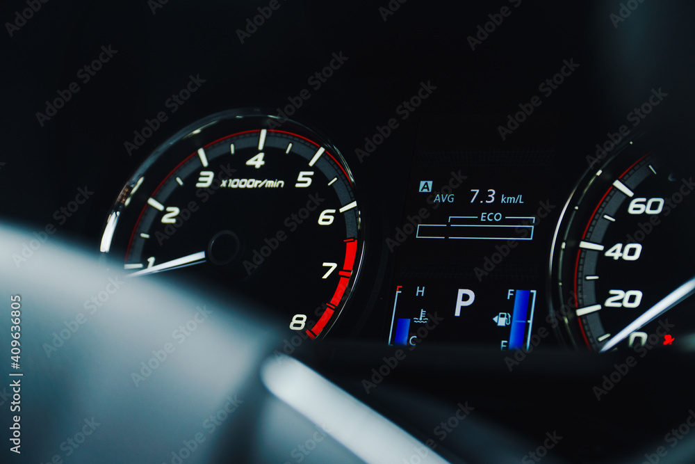 Naklejka premium Modern car instrument panel dashboard - car speedometer for speed.
