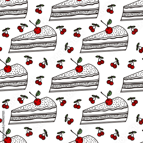 Sweet cakes pattern with cherries in hand drawn style.