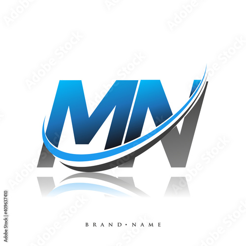 MN initial logo company name colored blue and black swoosh design, isolated on white background. vector logo for business and company identity.