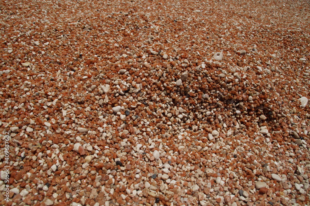 Nahaufnahme von vielen kleinen Kieselsteinen in den Farben Orange und weiß am Strand passend als Hintergrund