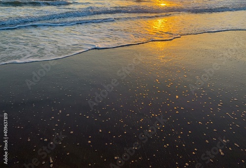 Evening wet sand beach texture  sunlight on the sand  evening light  sea background