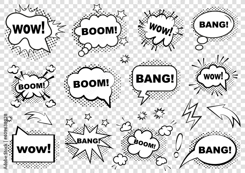 Retro blank comic bubbles and elements with black halftone shadows on a grid background. Vector illustration, vintage design, pop art style. Retro blank comic bubbles and elements with black halftone shadows on a grid background. Vector illustration, vintage design, pop art style.