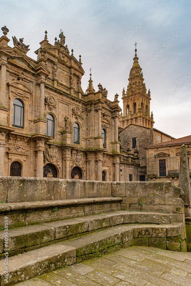 View of Cathedral of Santiago de Compostela view from the place of Immaculada, Galicia, Spain
