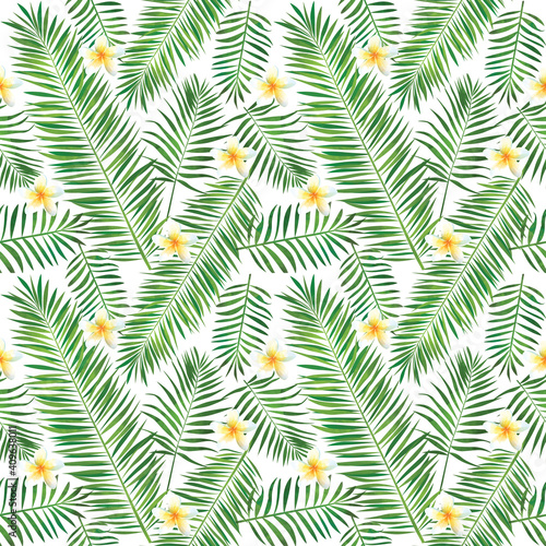 Tropical seamless pattern with palm leaves and plumeria flowers. Fashionable exotic summer background. Hawaiian t-shirt and swimwear textile.