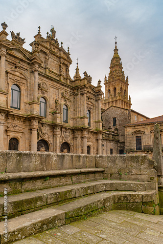 View of Cathedral of Santiago de Compostela view from the place of Immaculada, Galicia, Spain