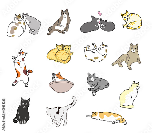 いろいろな種類の、全身の猫のアイコンセット
