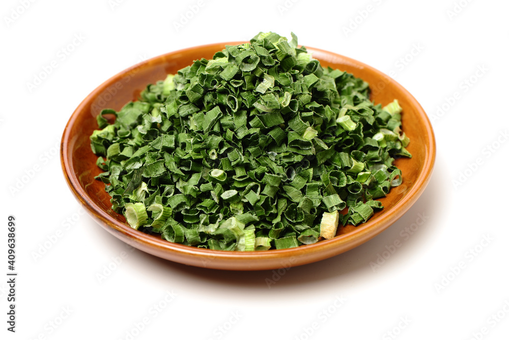 dried chopped spring onion or scallion isolated on white background dried chopped spring onion or scallion isolated on white background