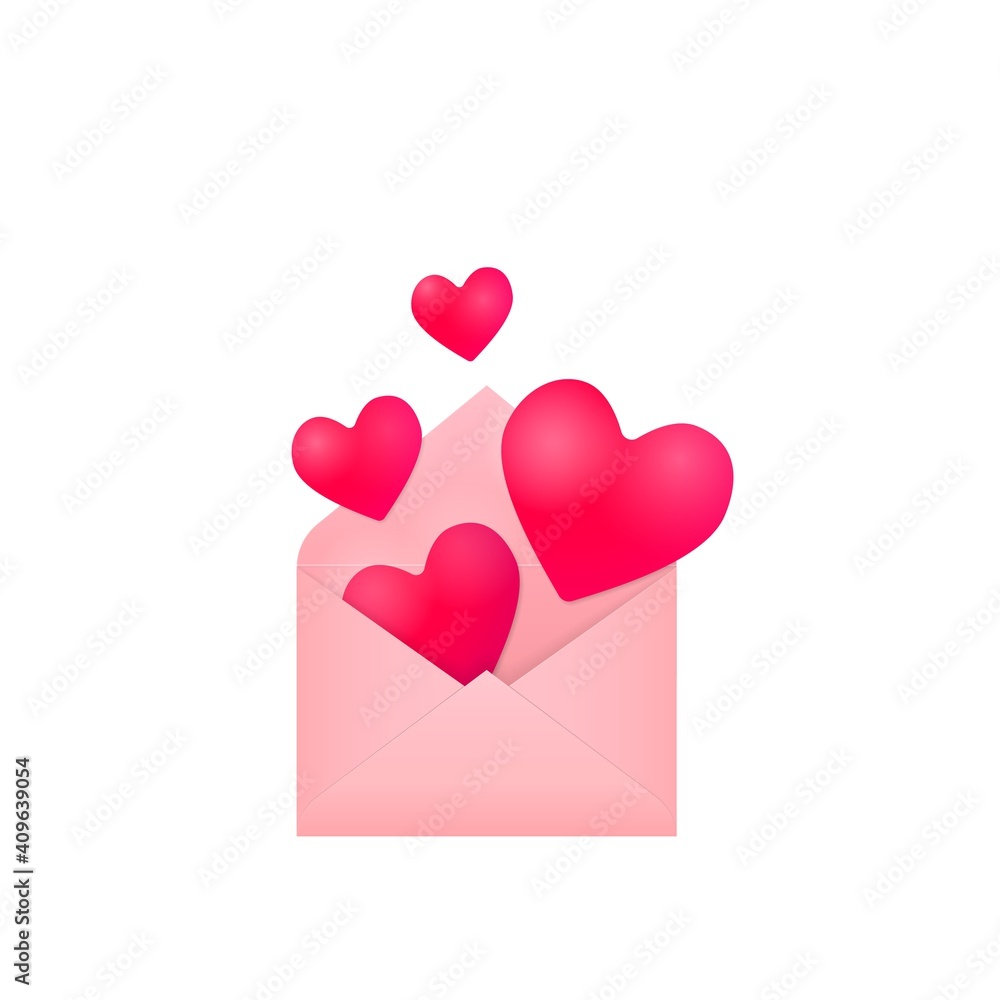 flying and falling red hearts from open pink paper envelope, festive stock vector illustration design element isolated on white background