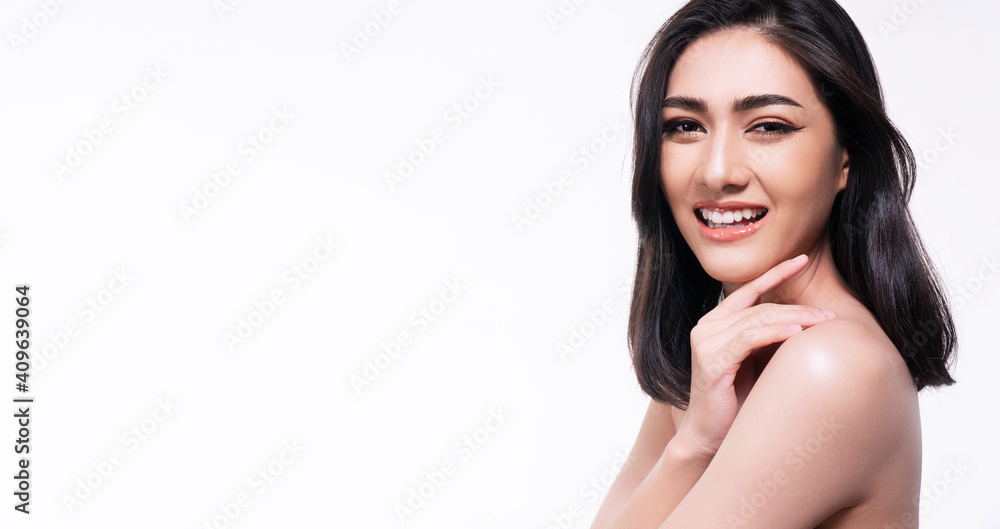 Beauty, cosmetics, healthy, treatment, skincare and spa concept. Asian young woman touching own face with clear fresh skin. Teenager with perfect treatment skin over isolated white background. Beauty, cosmetics, healthy, treatment, skincare and spa concept. Asian young woman touching own face with clear fresh skin. Teenager with perfect treatment skin over isolated white background.