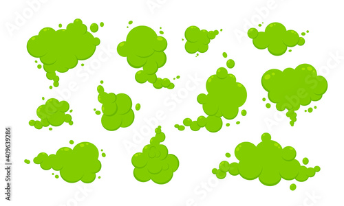 Smelling green cartoon smoke or fart clouds flat style design vector illustration. Bad stink or toxic aroma cartoon smoke cloud isolated on white background. photo