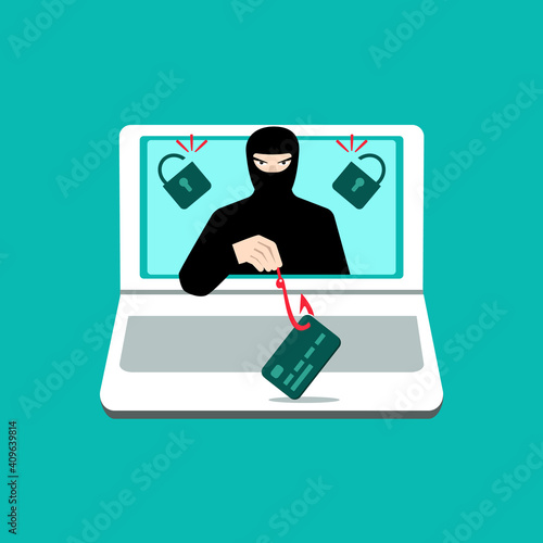 A computer hacker who steals money from bank accounts. Web crime with password hacking. The concept of phishing, hacker attacks, online fraud, and web protection. Vector illustration